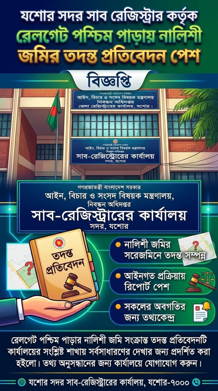 যশোর সদর সাব রেজিস্ট্রার কর্তৃক রেলগেট পশ্চিম পাড়ায় নালিশী জমির তদন্ত প্রতিবেদন পেশ